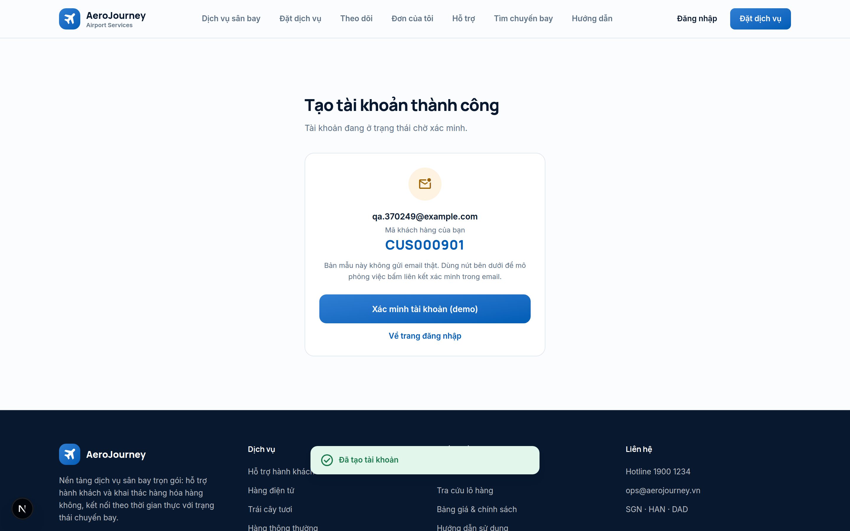 Màn hình xác nhận đăng ký thành công hiển thị mã khách hàng CUS và nút xác minh